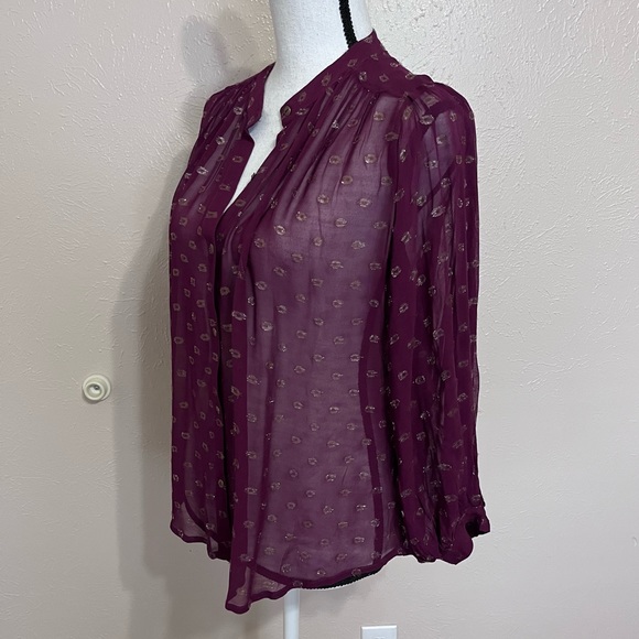 SOLD E Anthropologie Moulinette Soeurs Plum Gold Metallic Sheer Button Up Blouse - Picture 5 of 10